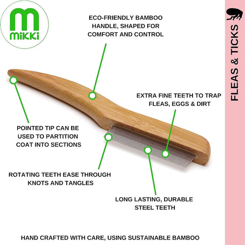 Mikki Bamboo Cat & Dog Grooming Anti-Tangle Flea Comb