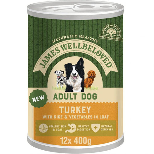 James Wellbeloved Adult Wet Dog Food Tins Turkey & Rice in Loaf 12x400g - Get Set Pet